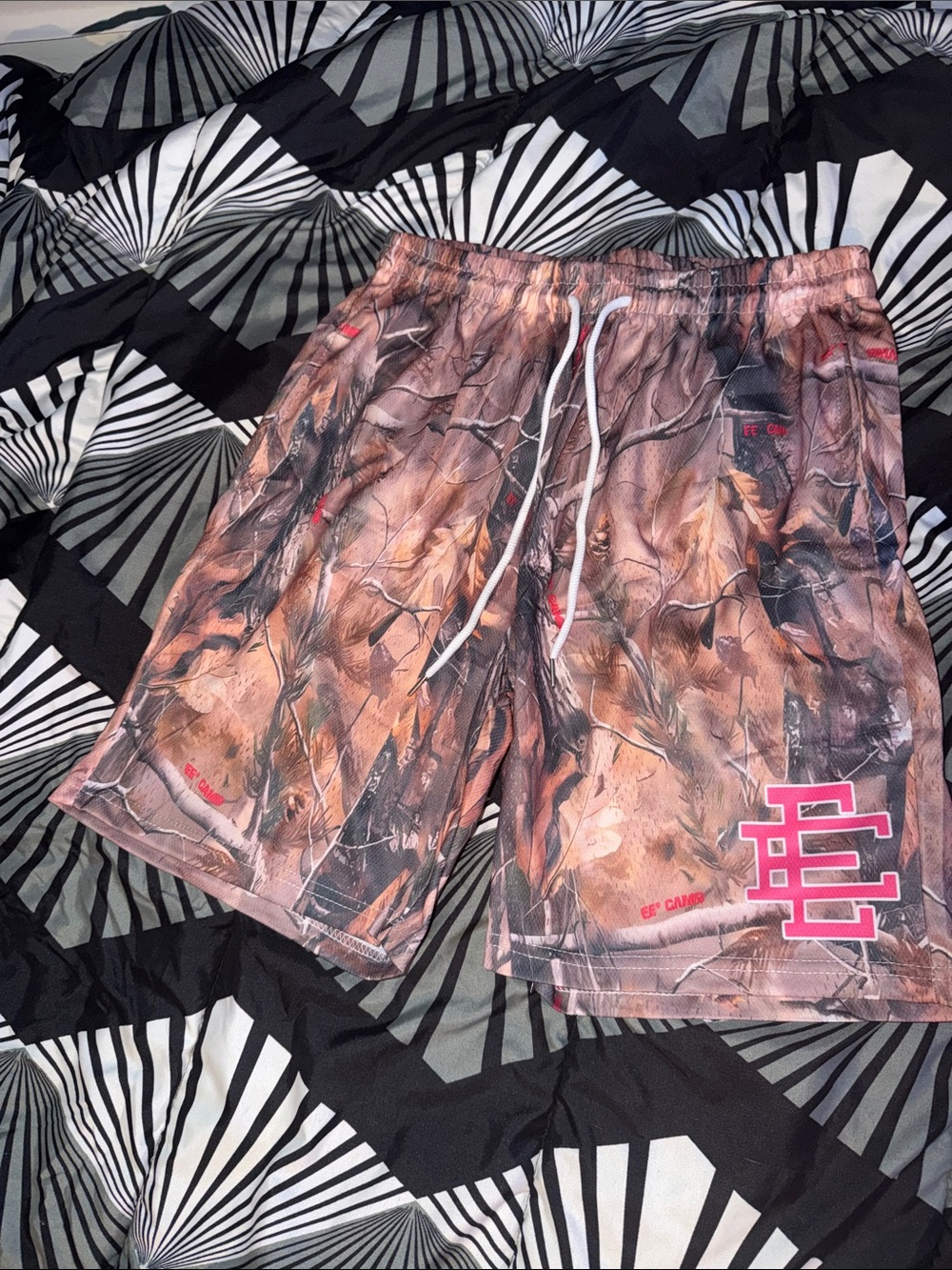 Eric Emanuel Camo Athletic Shorts with Pink Logo